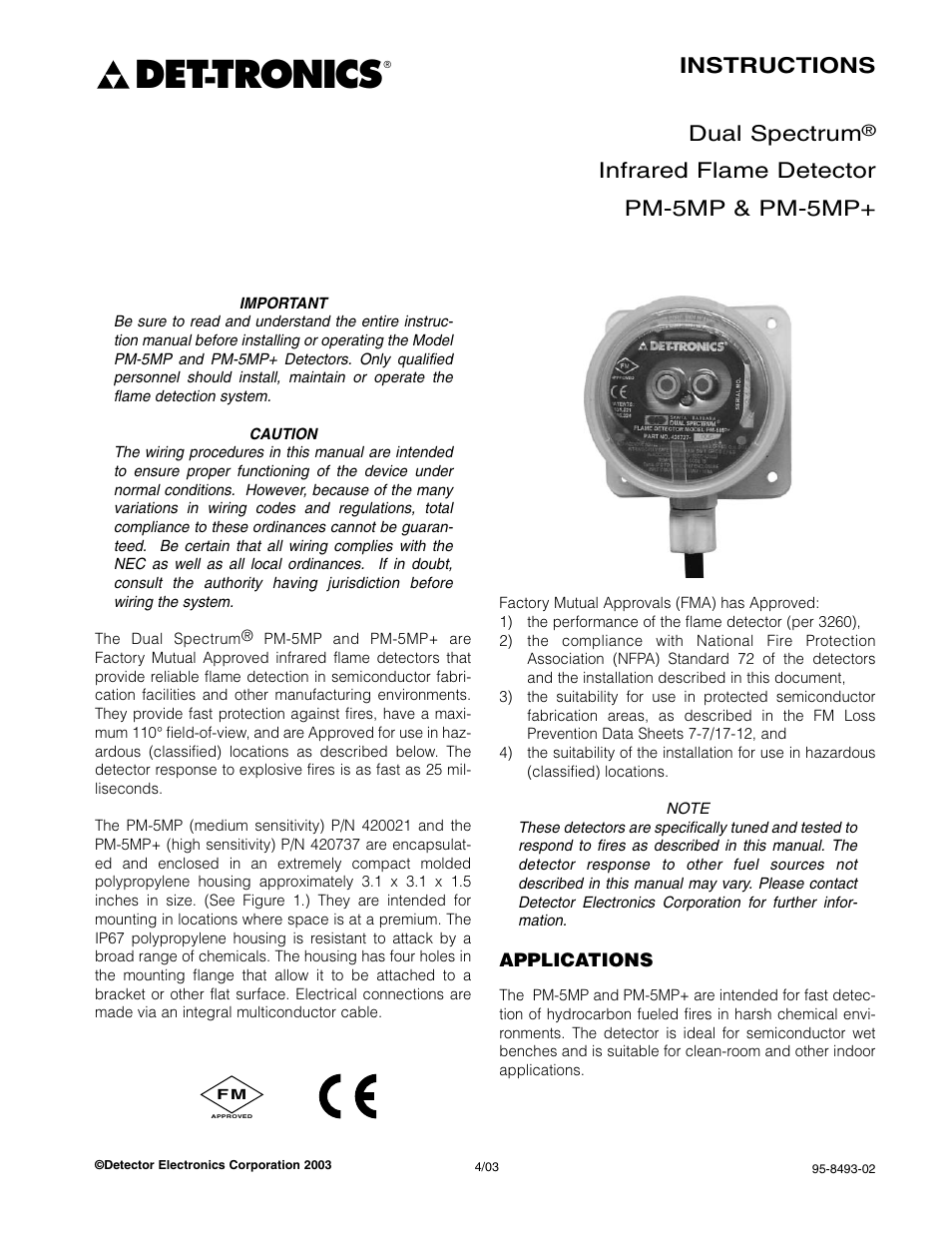 Tronics, Instructions dual spectrum, Infrared flame detector pm-5mp & pm-5mp | Det-Tronics PM-5MP & PM-5MP+ Dual Spectrum IR Flame Detector User Manual | Page 3 / 15