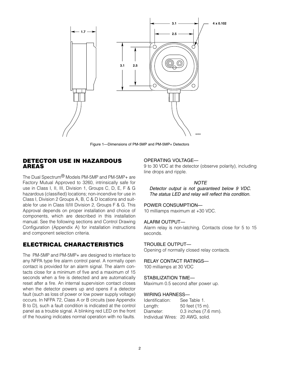 Detector use in hazardous areas, Electrical characteristics | Det-Tronics PM-5MP & PM-5MP+ Dual Spectrum IR Flame Detector User Manual | Page 4 / 15