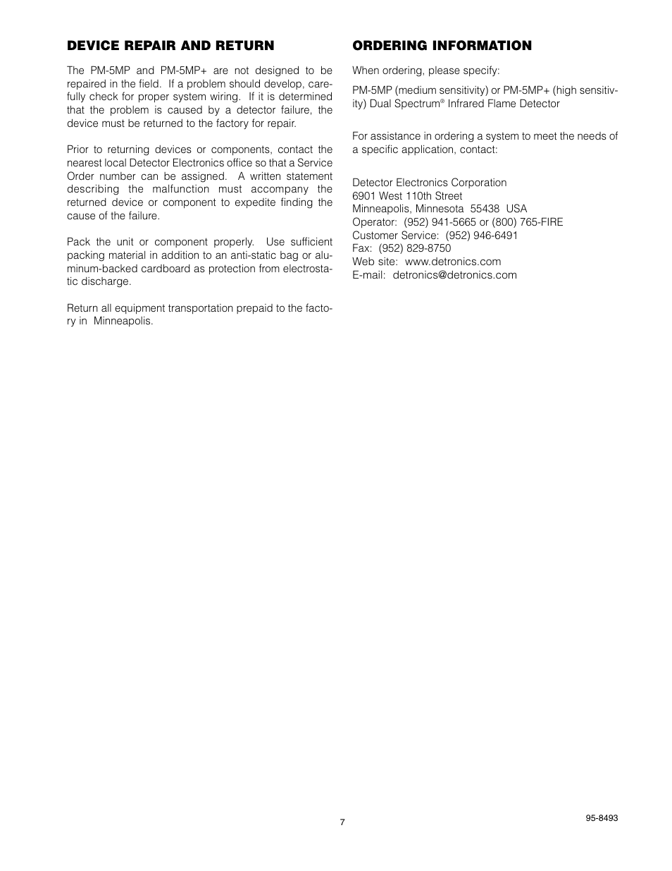 Device repair and return, Ordering information | Det-Tronics PM-5MP & PM-5MP+ Dual Spectrum IR Flame Detector User Manual | Page 9 / 15