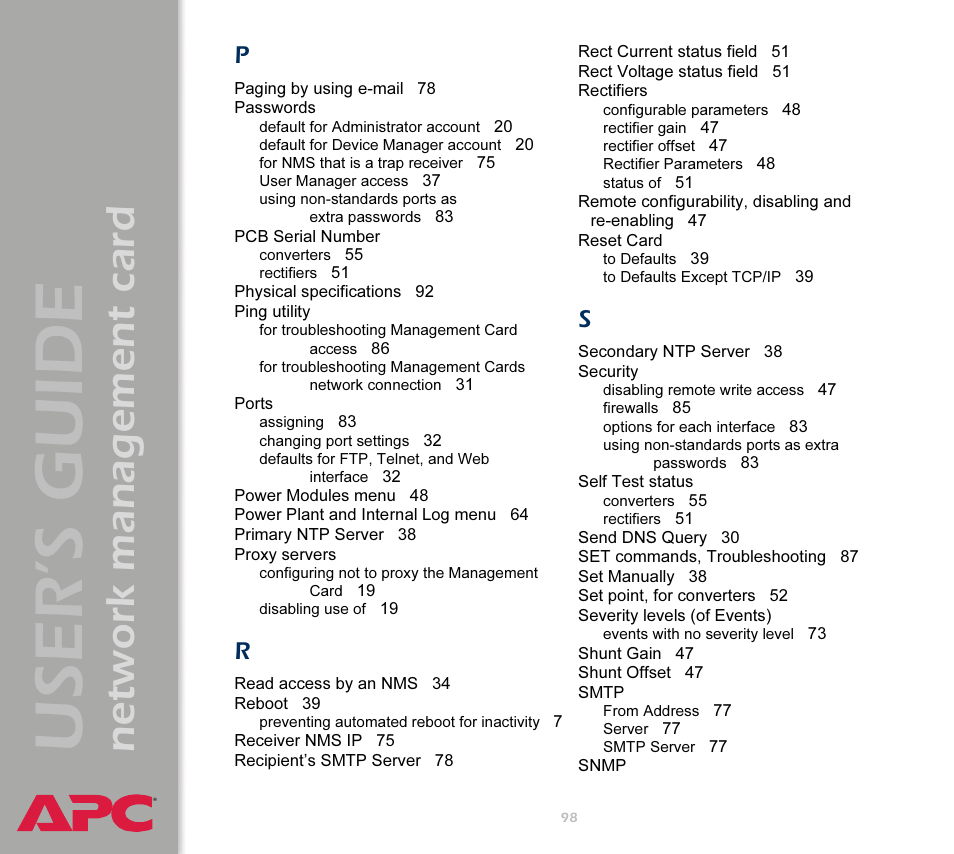 User’s guide, Network management card | APC Network Management Card AP9617 User Manual | Page 100 / 104