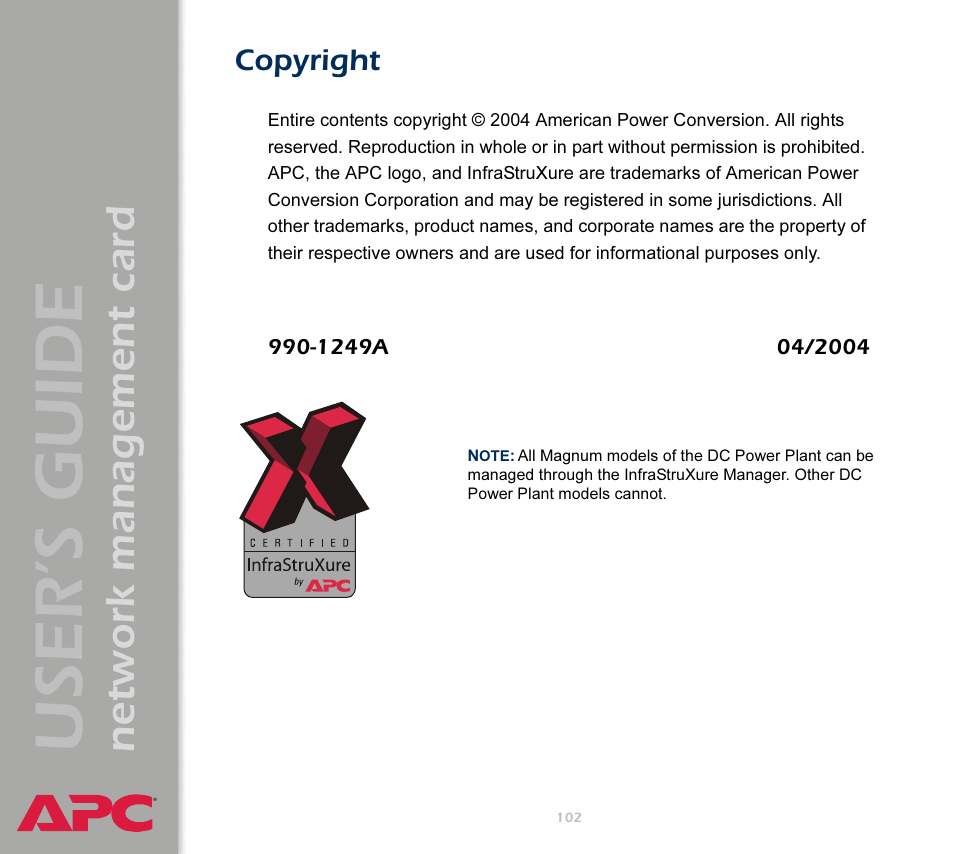 User’s guide, Network management card, Copyright | APC Network Management Card AP9617 User Manual | Page 104 / 104