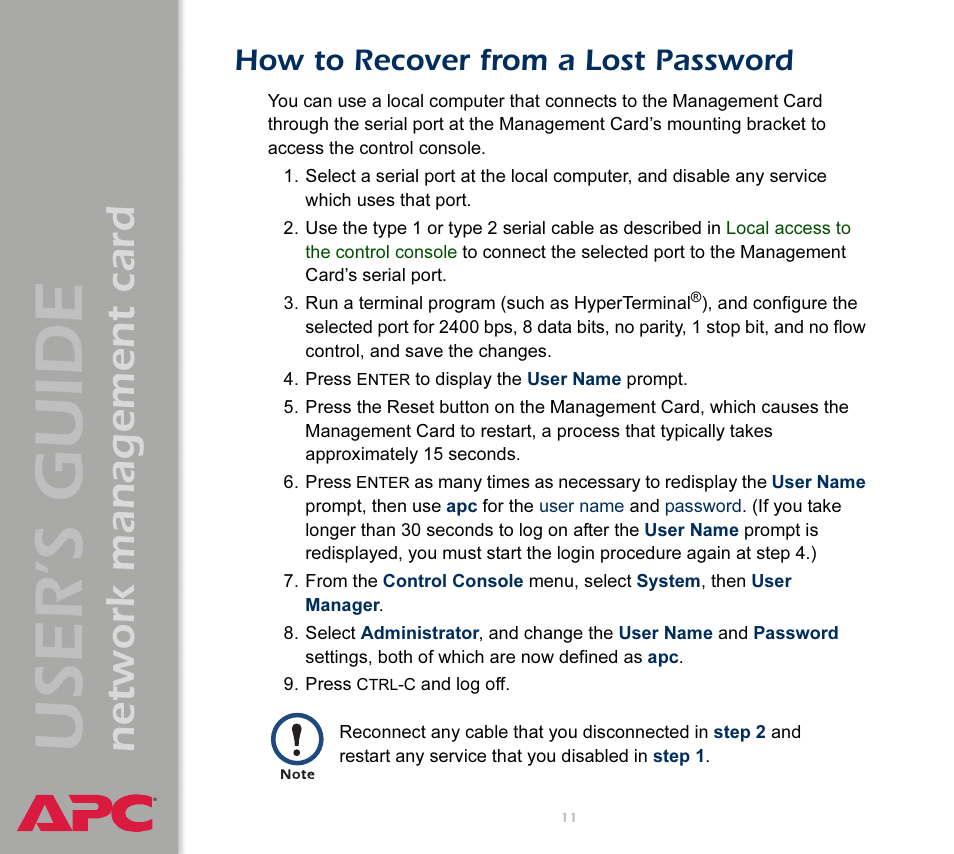 How to recover from a lost password, User’s guide, Network management card | APC Network Management Card AP9617 User Manual | Page 13 / 104