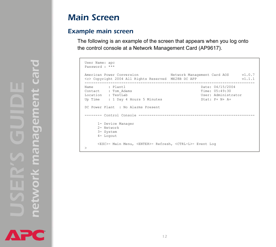 Main screen, Example main screen, User’s guide | Network management card | APC Network Management Card AP9617 User Manual | Page 14 / 104
