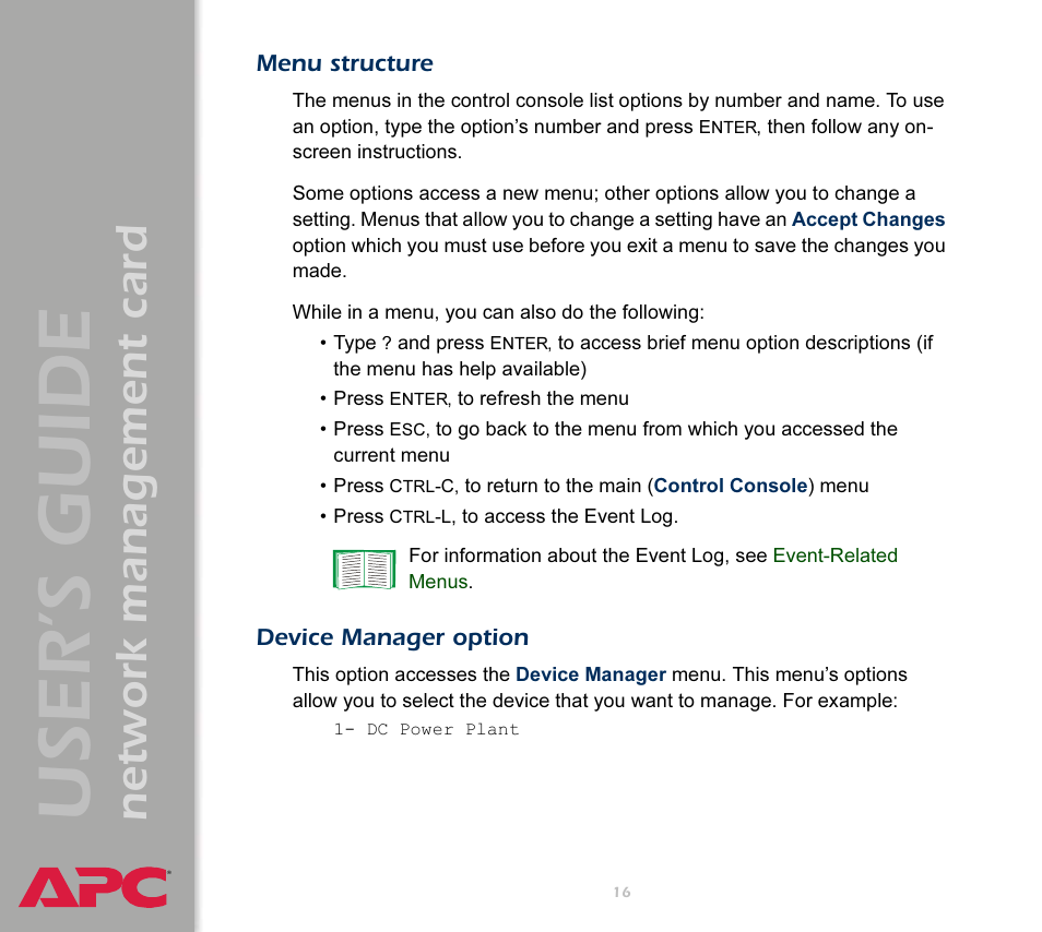 Menu structure, Device manager option, User’s guide | Network management card | APC Network Management Card AP9617 User Manual | Page 18 / 104