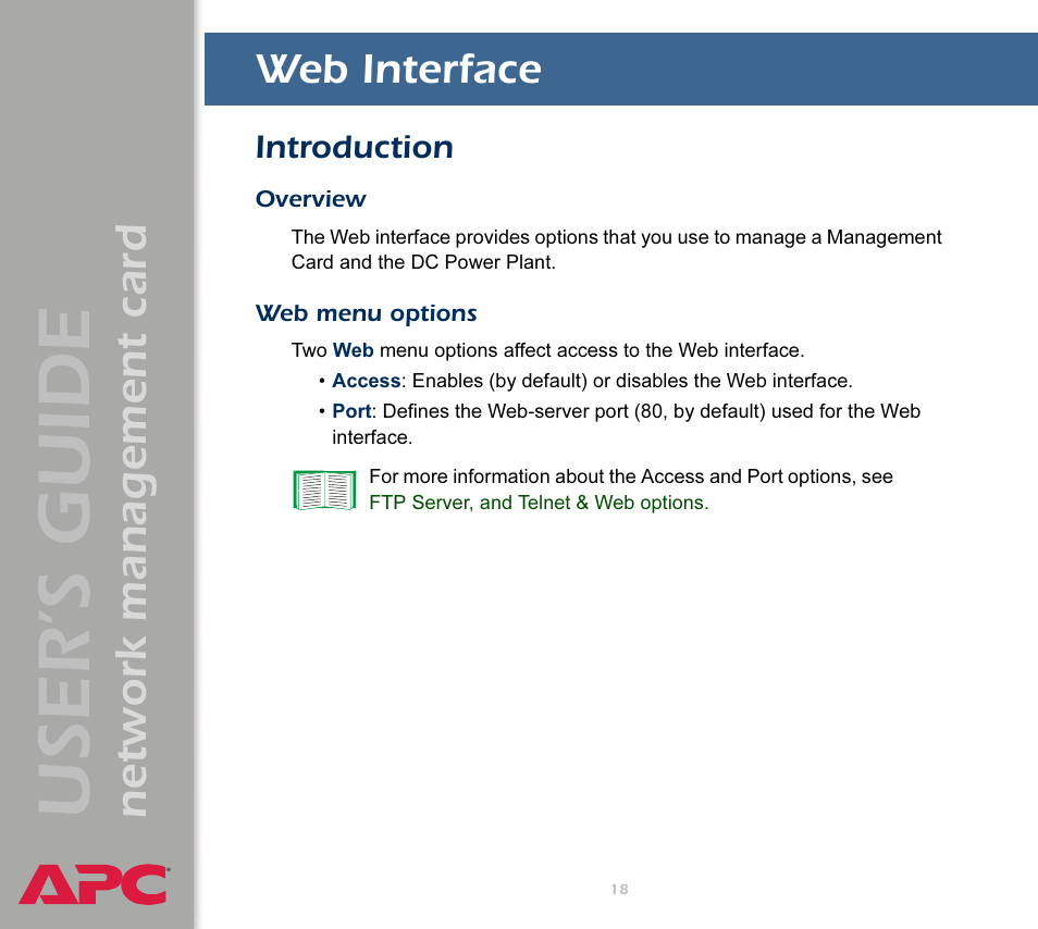 Web interface, Introduction, Overview | Web menu options, User’s guide, Network management card | APC Network Management Card AP9617 User Manual | Page 20 / 104