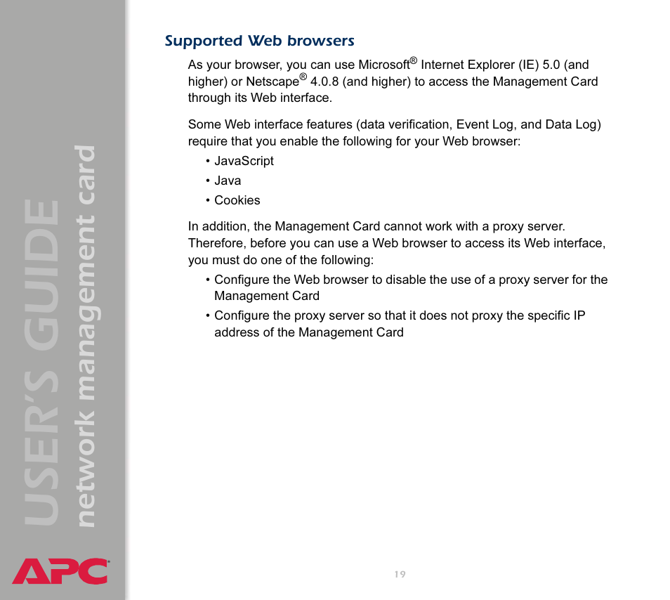 Supported web browsers, User’s guide, Network management card | APC Network Management Card AP9617 User Manual | Page 21 / 104