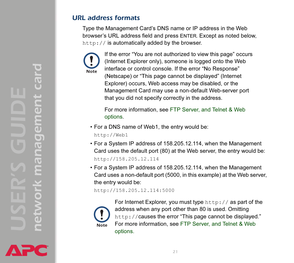 Url address formats, User’s guide, Network management card | APC Network Management Card AP9617 User Manual | Page 23 / 104