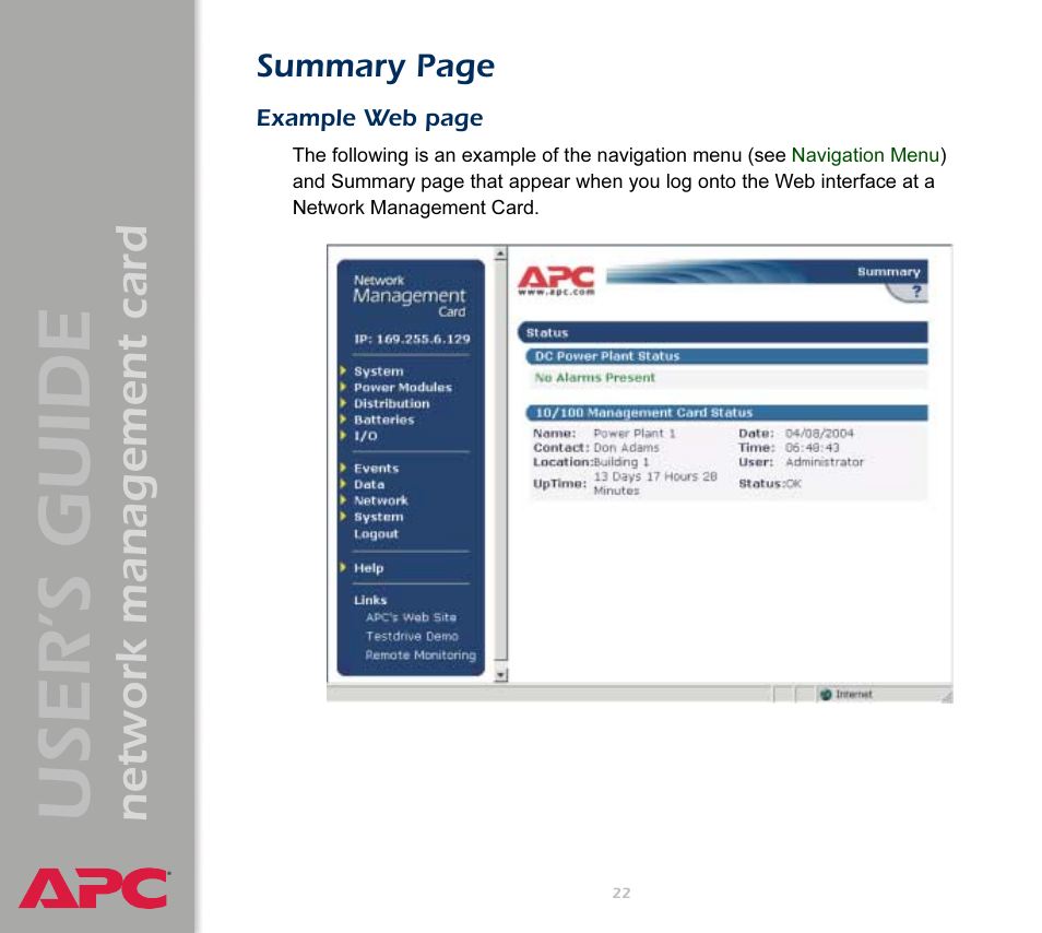 User’s guide, Network management card, Summary page | APC Network Management Card AP9617 User Manual | Page 24 / 104