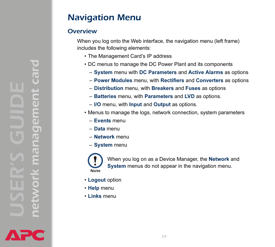 Navigation menu, Overview, User’s guide | Network management card | APC Network Management Card AP9617 User Manual | Page 26 / 104