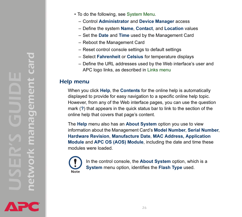Help menu, User’s guide, Network management card | APC Network Management Card AP9617 User Manual | Page 28 / 104