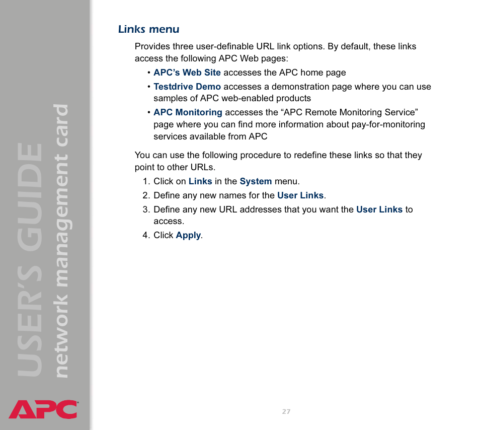 Links menu, User’s guide, Network management card | APC Network Management Card AP9617 User Manual | Page 29 / 104