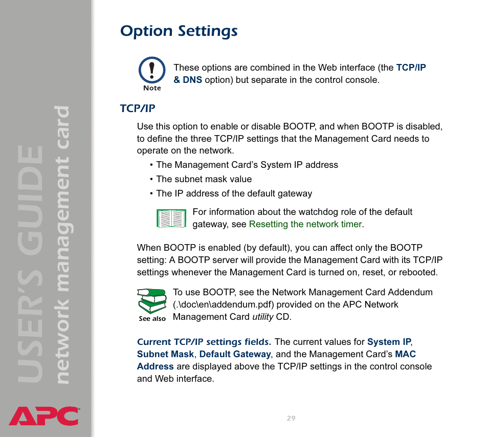 Option settings, Tcp/ip, User’s guide | Network management card | APC Network Management Card AP9617 User Manual | Page 31 / 104