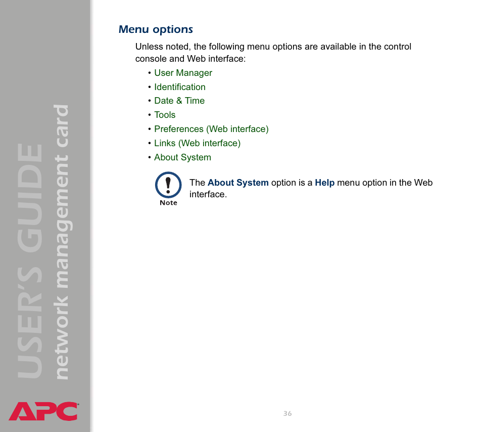 Menu options, User’s guide, Network management card | APC Network Management Card AP9617 User Manual | Page 38 / 104