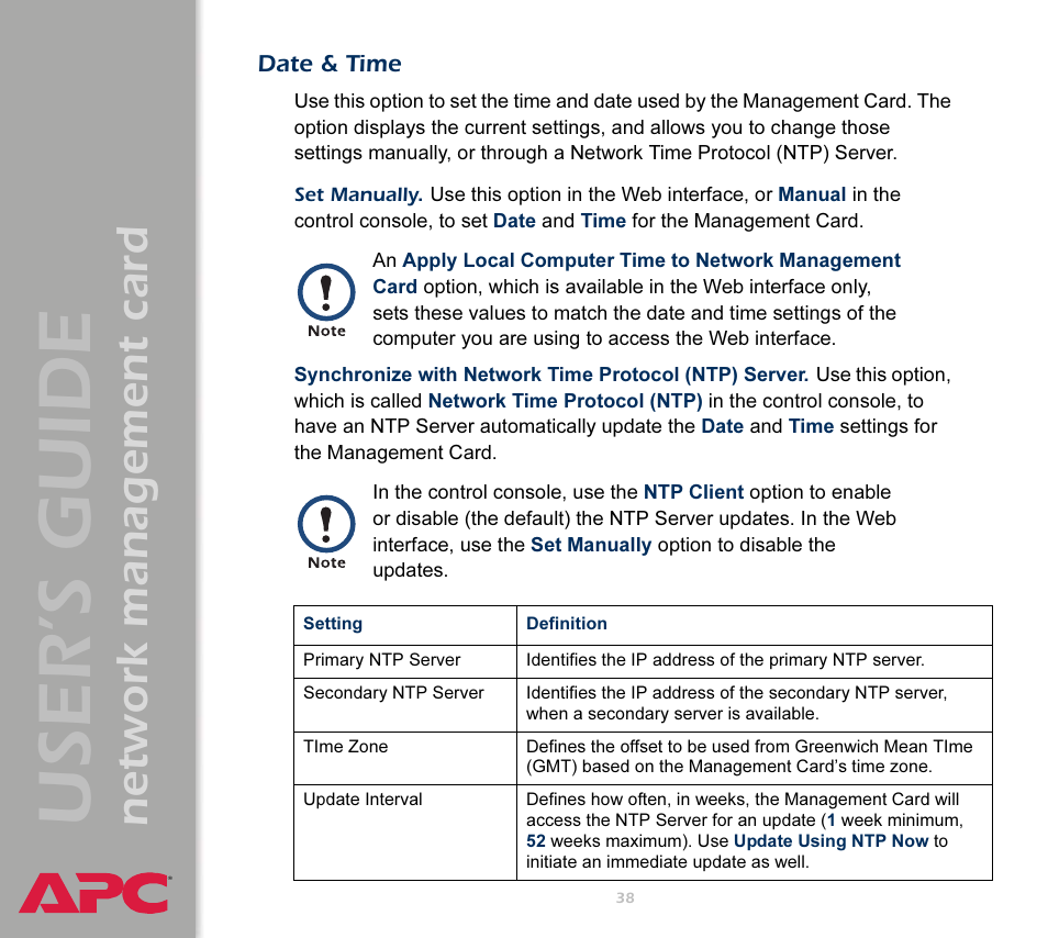 Date & time, User’s guide, Network management card | APC Network Management Card AP9617 User Manual | Page 40 / 104