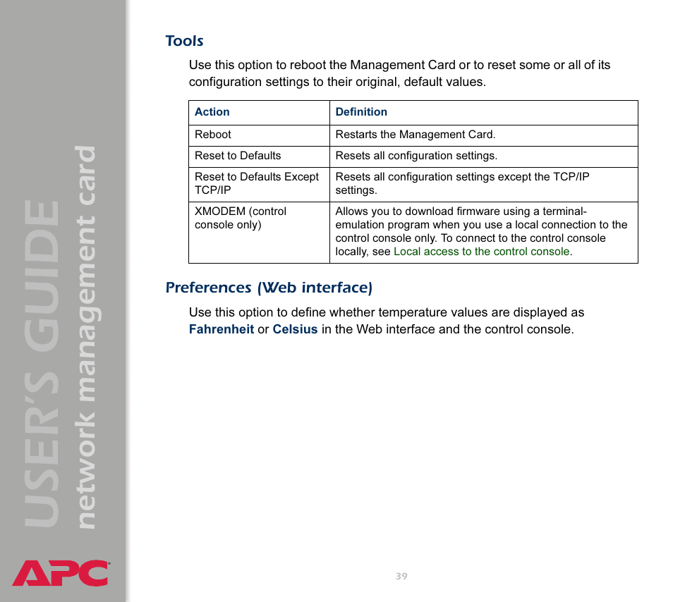 Tools, Preferences (web interface), User’s guide | Network management card | APC Network Management Card AP9617 User Manual | Page 41 / 104