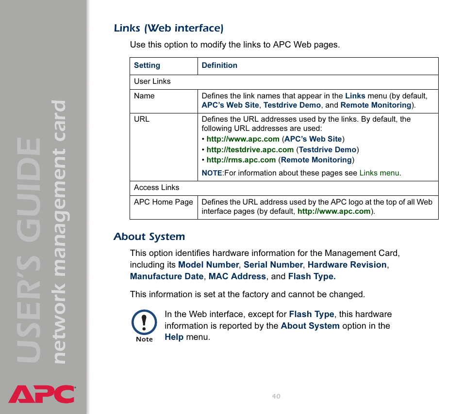 Links (web interface), About system, User’s guide | Network management card | APC Network Management Card AP9617 User Manual | Page 42 / 104