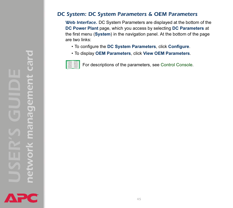 Dc system: dc system parameters & oem parameters, User’s guide, Network management card | APC Network Management Card AP9617 User Manual | Page 47 / 104