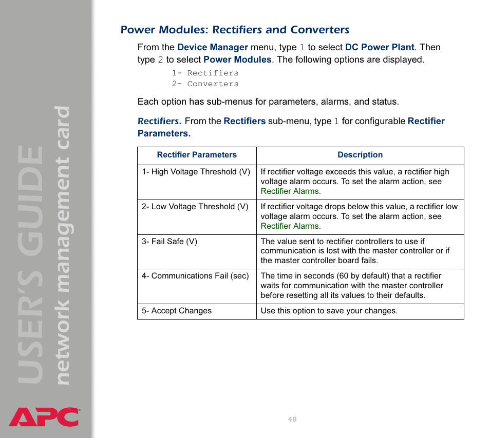 Power modules: rectifiers and converters, User’s guide, Network management card | APC Network Management Card AP9617 User Manual | Page 50 / 104