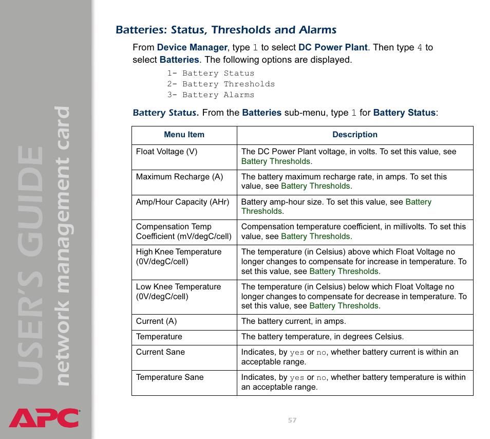 Batteries: status, thresholds and alarms, User’s guide, Network management card | APC Network Management Card AP9617 User Manual | Page 59 / 104