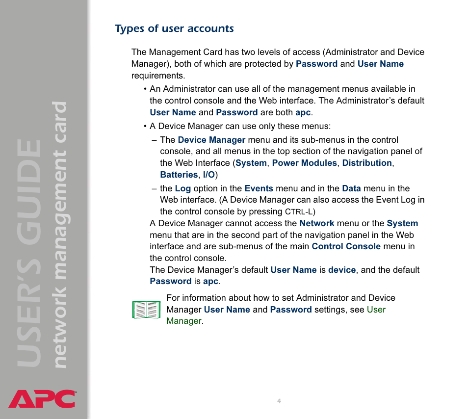 Types of user accounts, User’s guide, Network management card | APC Network Management Card AP9617 User Manual | Page 6 / 104
