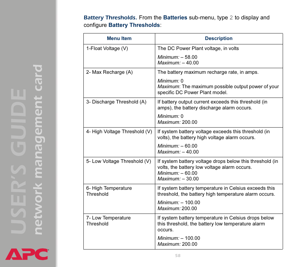 Battery thresholds, Battery, Thresholds | User’s guide, Network management card | APC Network Management Card AP9617 User Manual | Page 60 / 104