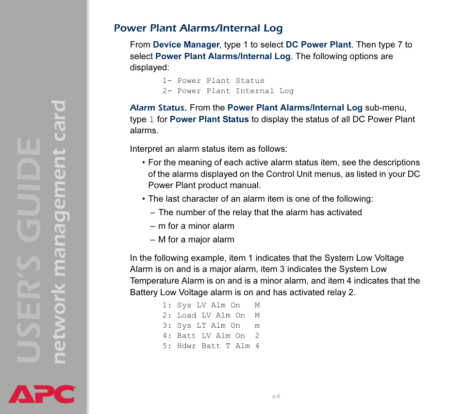 Power plant alarms/internal log, User’s guide, Network management card | APC Network Management Card AP9617 User Manual | Page 66 / 104