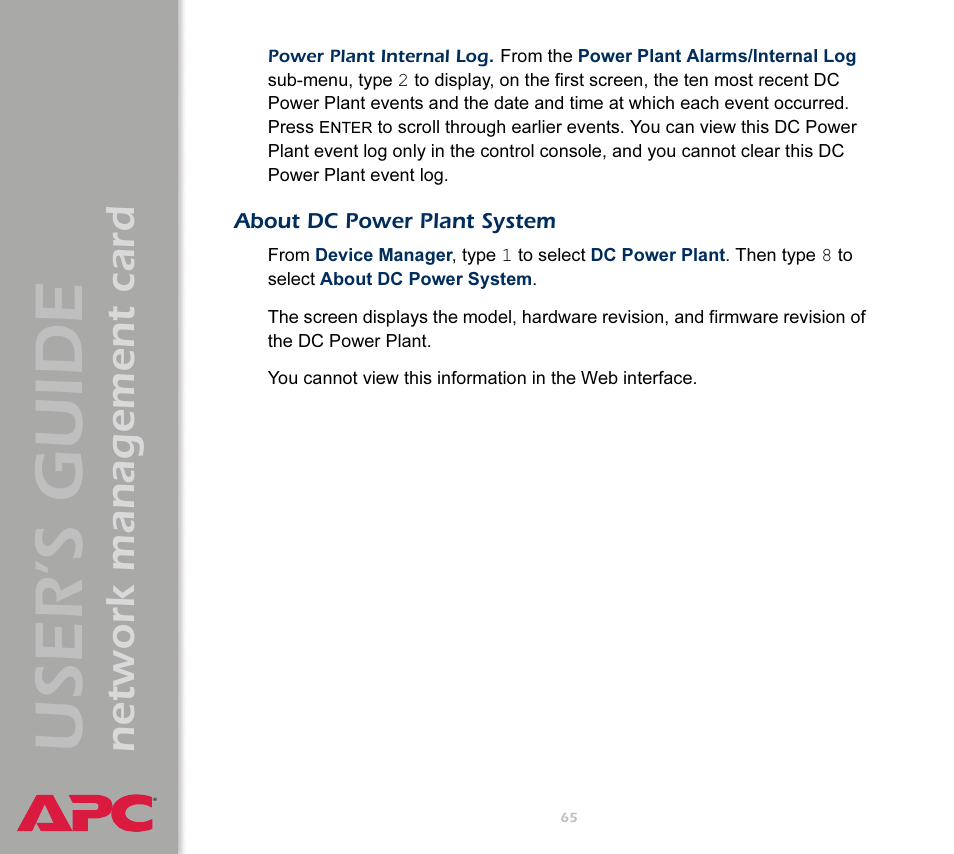 About dc power plant system, User’s guide, Network management card | APC Network Management Card AP9617 User Manual | Page 67 / 104