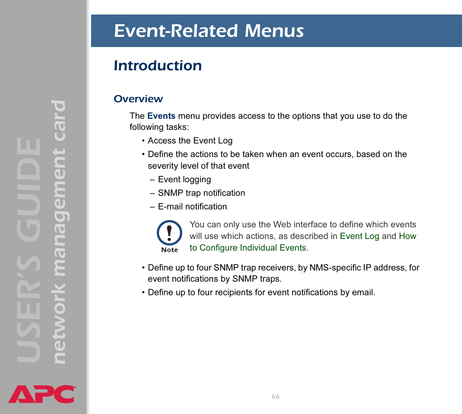Event-related menus, Introduction, Overview | O do the following, see, User’s guide, Network management card | APC Network Management Card AP9617 User Manual | Page 68 / 104