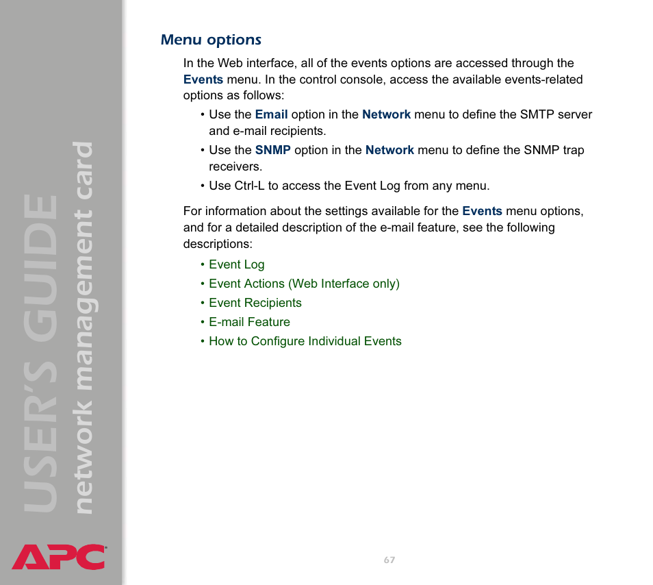 Menu options, User’s guide, Network management card | APC Network Management Card AP9617 User Manual | Page 69 / 104