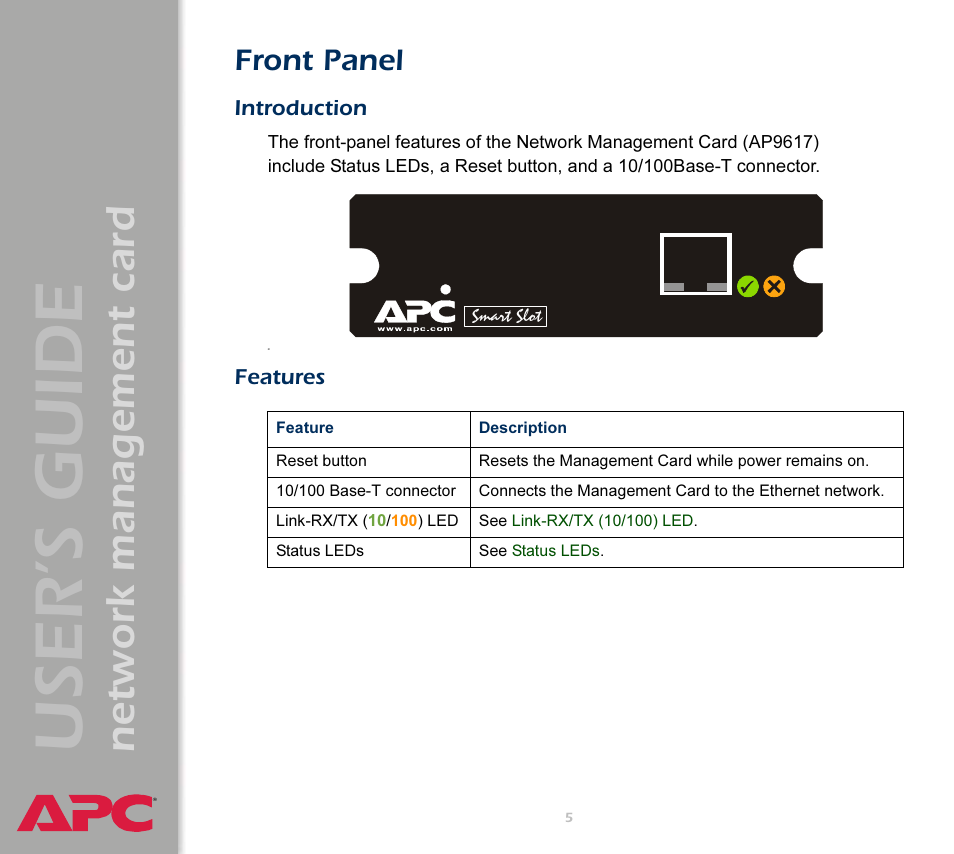 Front panel, Introduction, Features | User’s guide, Network management card | APC Network Management Card AP9617 User Manual | Page 7 / 104