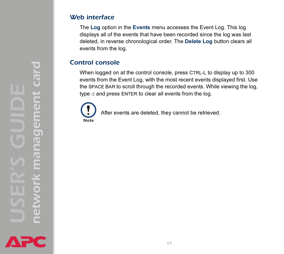 Web interface, Control console, User’s guide | Network management card | APC Network Management Card AP9617 User Manual | Page 71 / 104