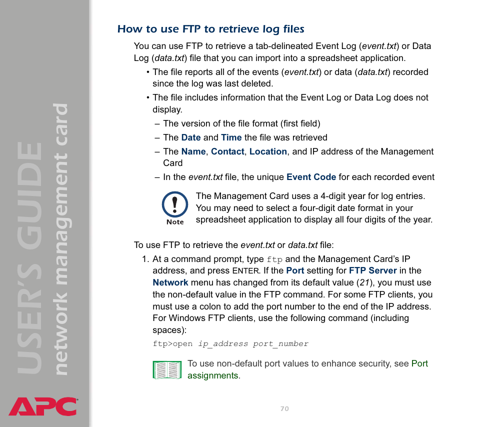 How to use ftp to retrieve log files, User’s guide, Network management card | APC Network Management Card AP9617 User Manual | Page 72 / 104