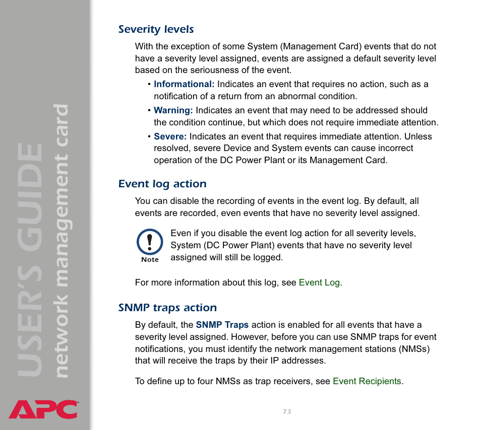 Severity levels, Event log action, Snmp traps action | Generated. see, User’s guide, Network management card | APC Network Management Card AP9617 User Manual | Page 75 / 104