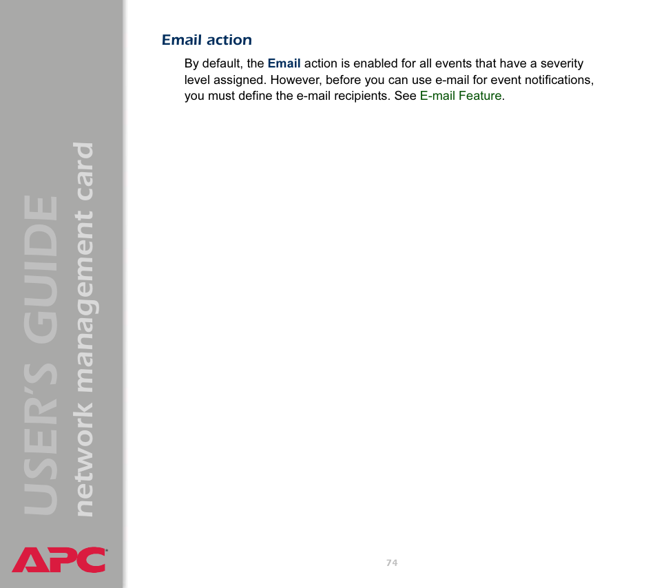 Email action, User’s guide, Network management card | APC Network Management Card AP9617 User Manual | Page 76 / 104