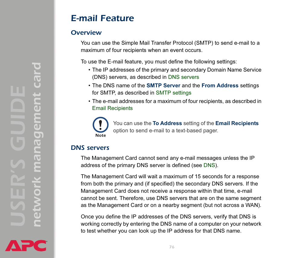 E-mail feature, Overview, Dns servers | Ement card, see, E-mail, Feature, User’s guide, Network management card | APC Network Management Card AP9617 User Manual | Page 78 / 104