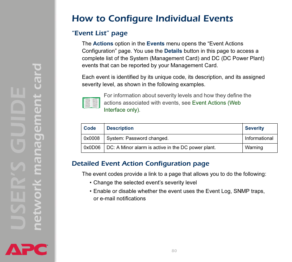 How to configure individual events, To configure individual events, User’s guide | Network management card | APC Network Management Card AP9617 User Manual | Page 82 / 104