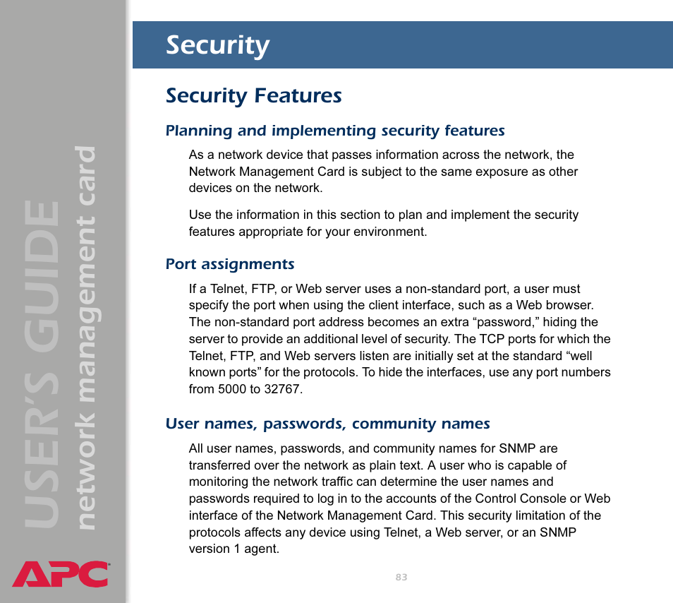 Security, Security features, Planning and implementing security features | Port assignments, User names, passwords, community names, User’s guide, Network management card | APC Network Management Card AP9617 User Manual | Page 85 / 104