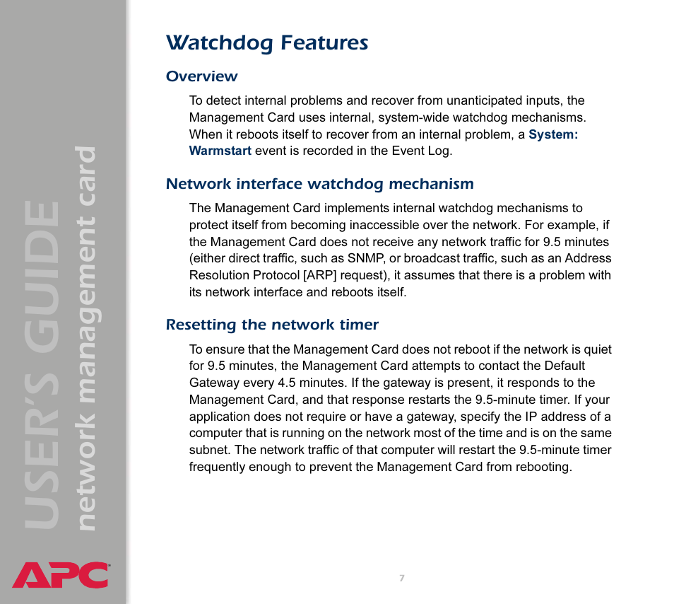 Watchdog features, Overview, Network interface watchdog mechanism | Resetting the network timer, User’s guide, Network management card | APC Network Management Card AP9617 User Manual | Page 9 / 104
