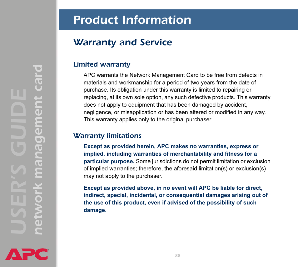 Product information, Warranty and service, Limited warranty | Warranty limitations, Lve the problem, see, User’s guide, Network management card | APC Network Management Card AP9617 User Manual | Page 90 / 104