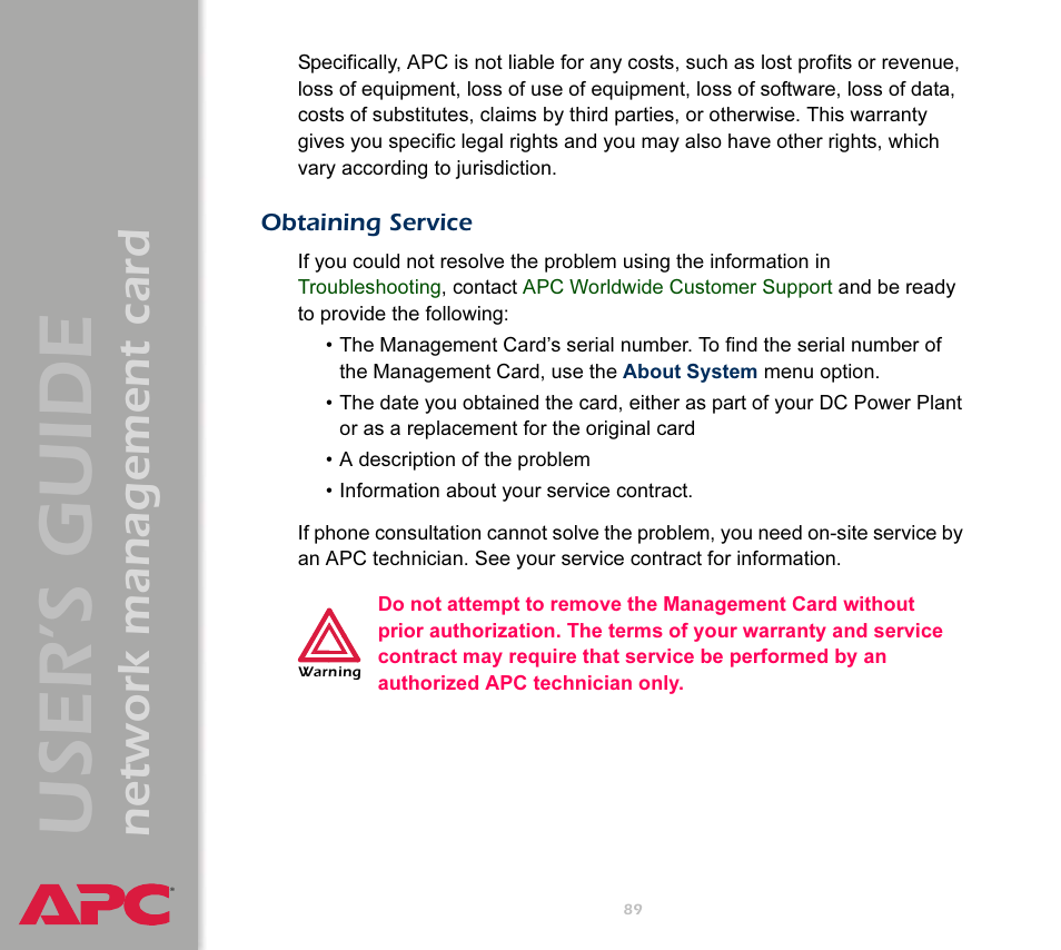 Obtaining service, User’s guide, Network management card | APC Network Management Card AP9617 User Manual | Page 91 / 104