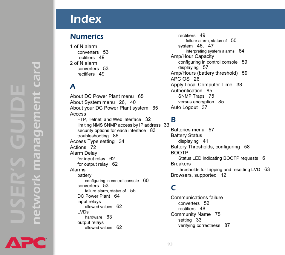 Index, User’s guide, Network management card | Numerics | APC Network Management Card AP9617 User Manual | Page 95 / 104
