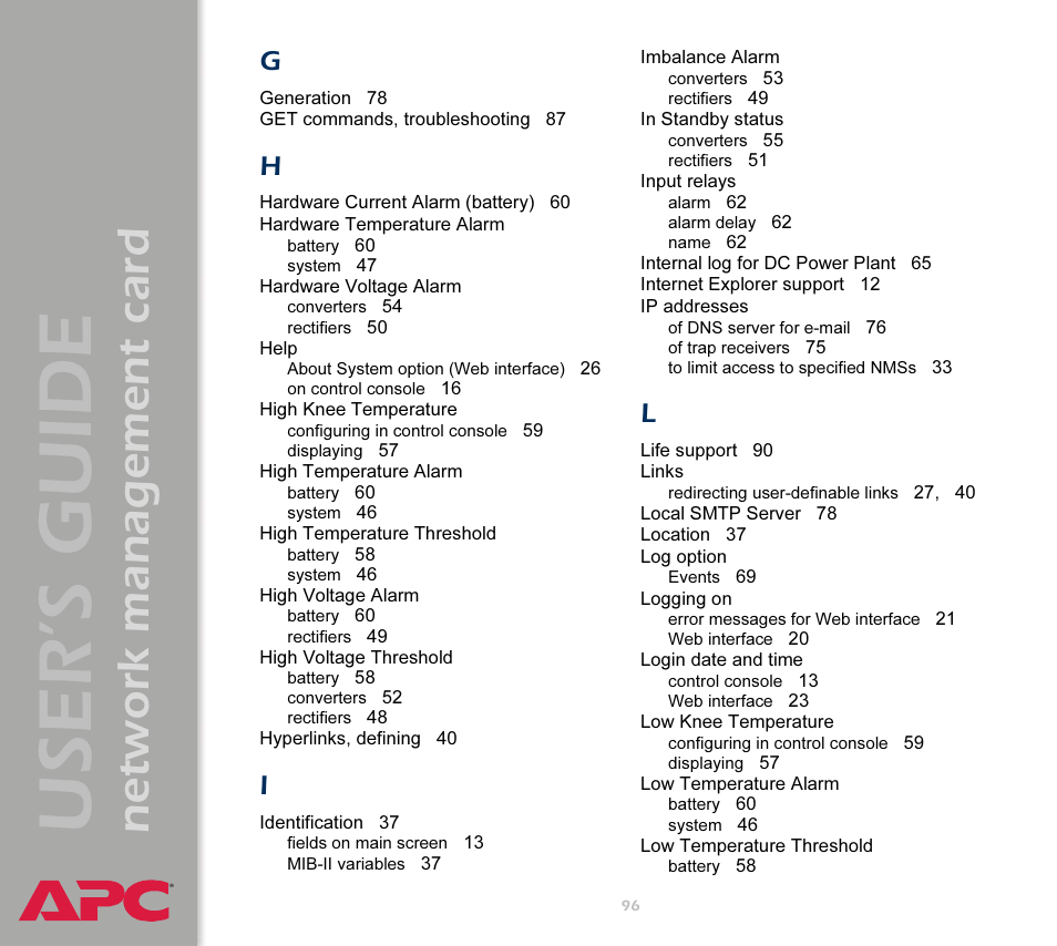 User’s guide, Network management card | APC Network Management Card AP9617 User Manual | Page 98 / 104