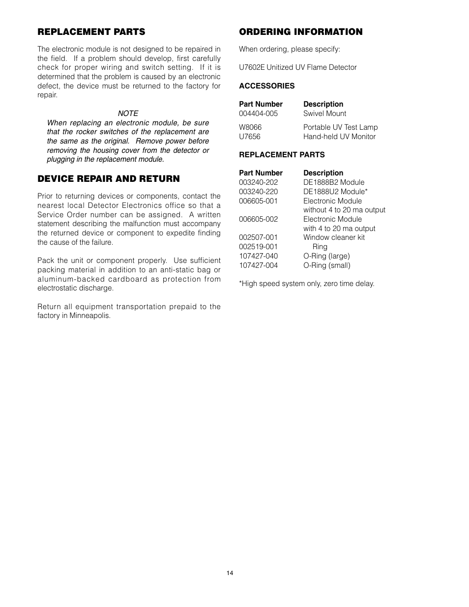 Det-Tronics U7602E Unitized UV Flame Detector/Controller User Manual | Page 16 / 20