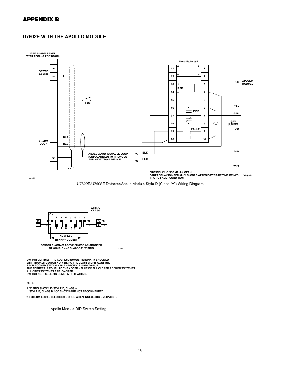 Appendix b, U7602e with the apollo module, Apollo module dip switch setting | Det-Tronics U7602E Unitized UV Flame Detector/Controller User Manual | Page 20 / 20