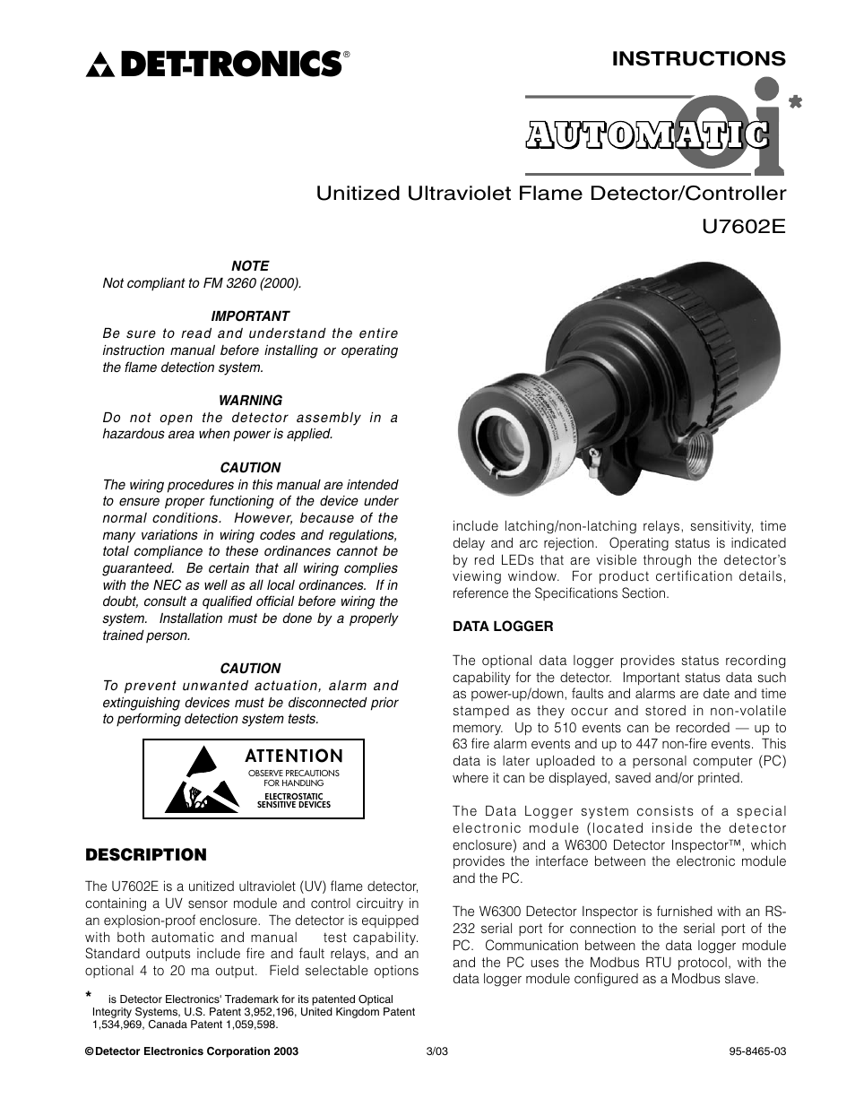 Tronics | Det-Tronics U7602E Unitized UV Flame Detector/Controller User Manual | Page 3 / 20