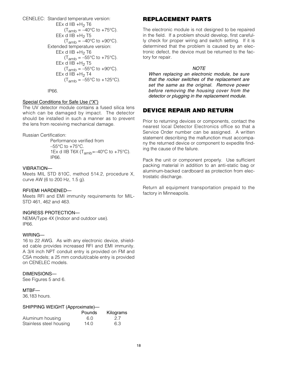 Replacement parts, Device repair and return | Det-Tronics U7652B, C Unitized UV/IR Flame Detector User Manual | Page 20 / 22