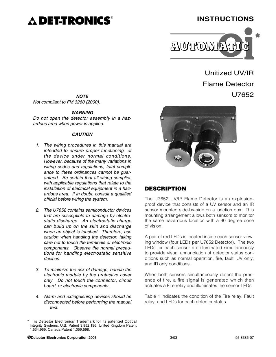 Tronics, Instructions unitized uv/ir flame detector u7652 | Det-Tronics U7652B, C Unitized UV/IR Flame Detector User Manual | Page 3 / 22