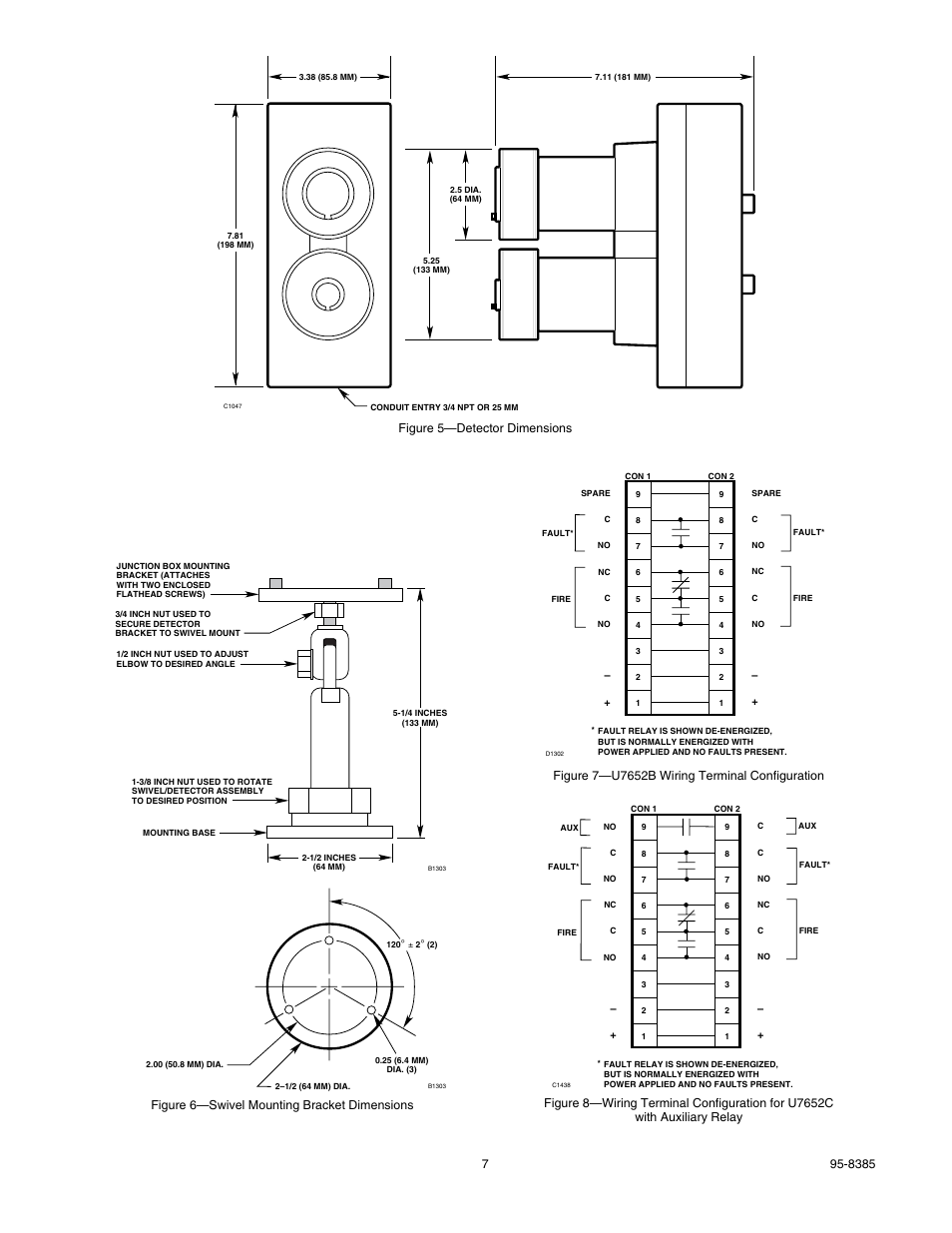 Figure 5—detector dimensions, Figure 6—swivel mounting bracket dimensions | Det-Tronics U7652B, C Unitized UV/IR Flame Detector User Manual | Page 9 / 22