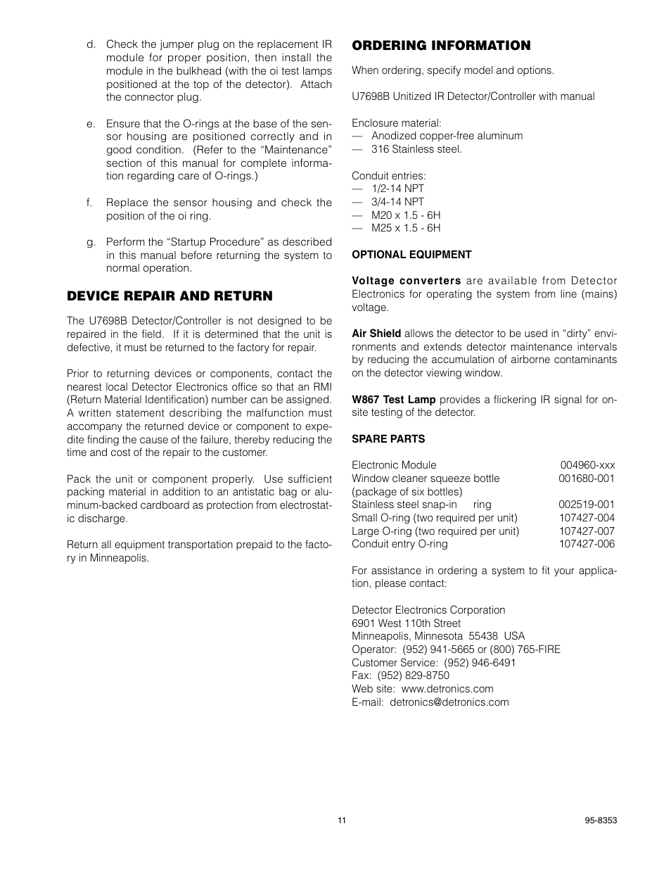 Det-Tronics U7698A, B, C, E Unitized Frequency IR Detector/Controller User Manual | Page 13 / 14