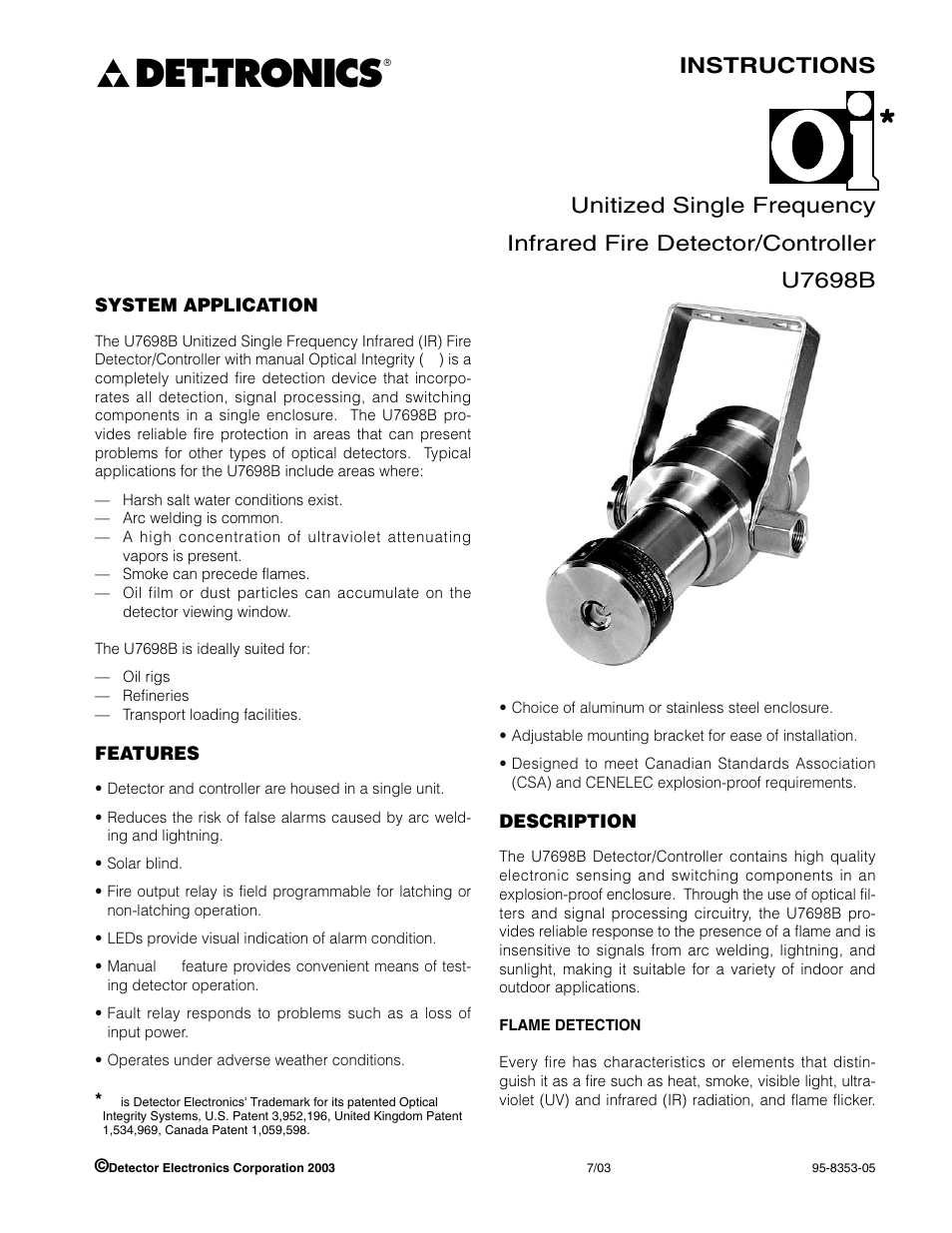Tronics | Det-Tronics U7698A, B, C, E Unitized Frequency IR Detector/Controller User Manual | Page 3 / 14